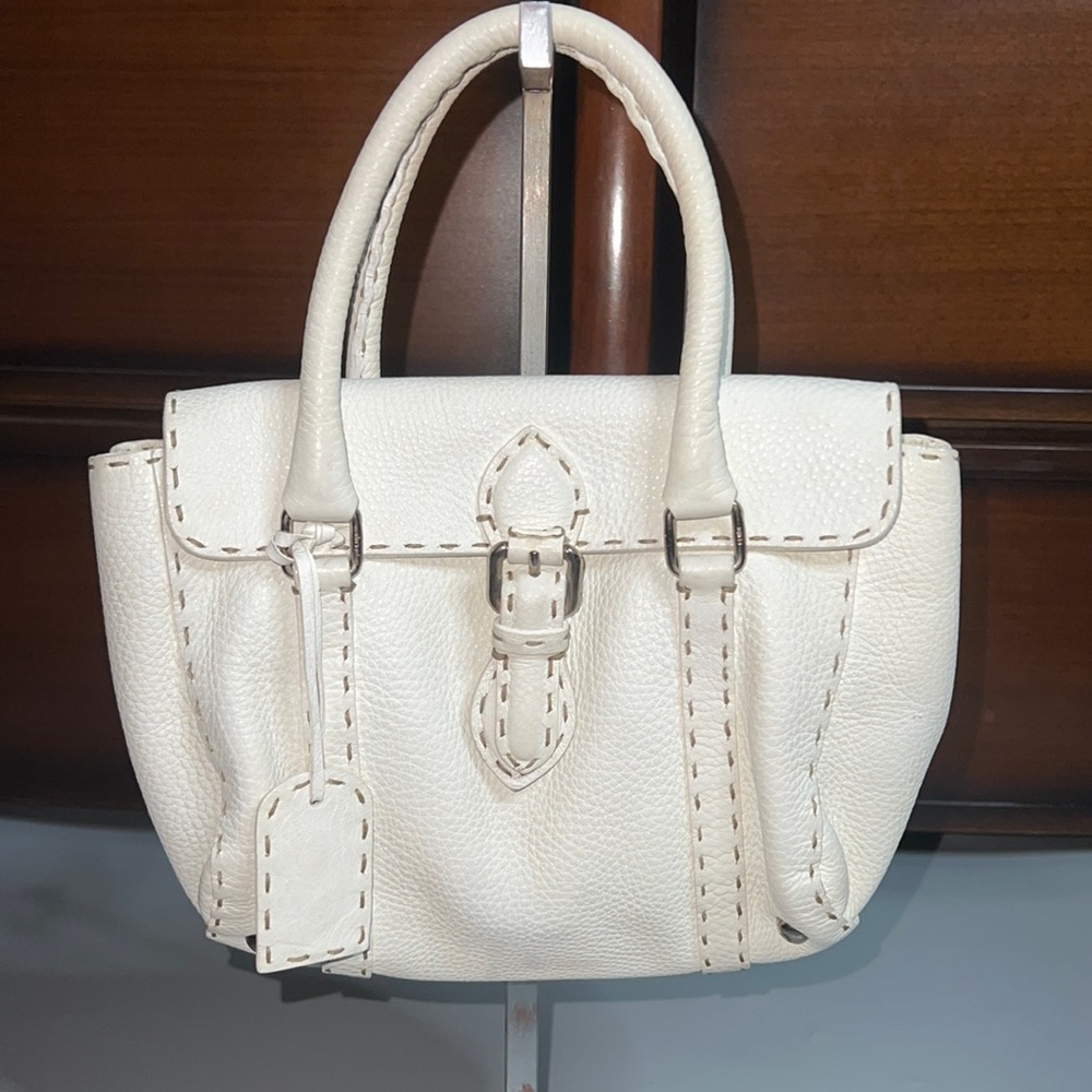 FENDI WHITE SELLERIA LINDA LEATHER HANDBAG